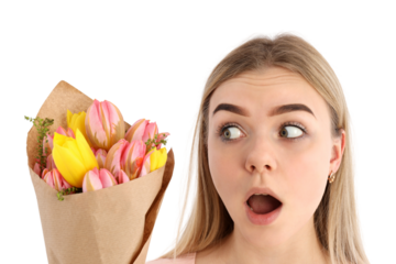 PNG, March 8. Girl with a bouquet of tulips, close-up, isolated on a white background.