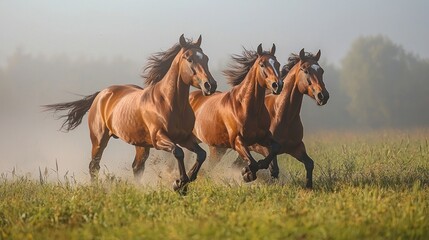 Fototapeta premium Three Majestic Brown Horses Galloping Across a Misty Meadow