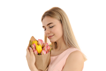 PNG, March 8. Girl holding flowers in her hands, isolated on white background.