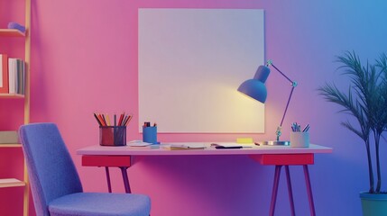 Colorful workspace featuring a desk, chair, lamp, stationery, and potted plant with vibrant gradient lighting