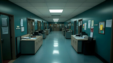 Long Teal Hallway With Desks and Doors