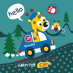 Cute cartoon giraffe driving a blue car on a starry road with a bee friend and pine trees in the background. Children's adventure illustration concept
