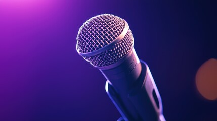 A close-up of a microphone against a vibrant purple background, highlighting its mesh grille and sleek design.