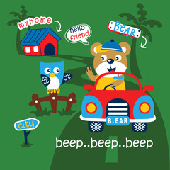 Cute bear driving a red car on a countryside road greeting an owl near a house with playful typography. Fun travel and friendship illustration concept
