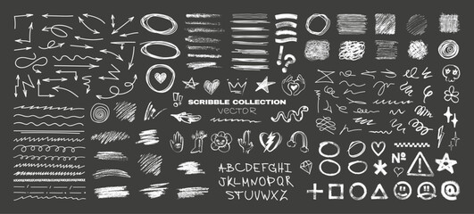 Scribbles, sketch - graphic pack. Charcoal sketches, arrows, underlines, outlines, circles, brush strokes, marker lines. Doodles elements with different tools - brushes, markers, crayons. Vector set
