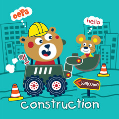 Cute bear construction worker driving an excavator with a cheerful mouse in the bucket on a city worksite. Fun building and construction illustration concept
