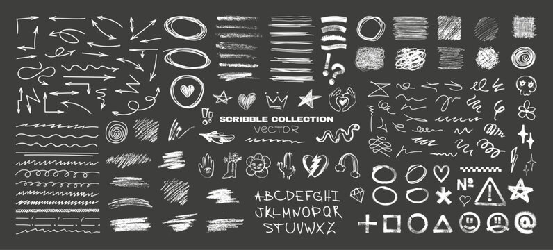 Scribbles, sketch - graphic pack. Charcoal sketches, arrows, underlines, outlines, circles, brush strokes, marker lines. Doodles elements with different tools - brushes, markers, crayons. Vector set