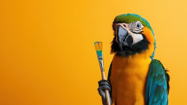 Parrot holding a paintbrush in its beak with a colorful canvas background