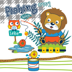 Cute lion character fishing at the lake with an owl watching nearby. Fun outdoor adventure and nature illustration concept
