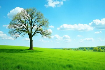 Fototapeta premium Serene Springtime Landscape Solitary Tree in Vibrant Green Field Under a Sky of Fluffy White Clouds