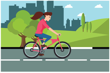 Fototapeta premium people rides a sports bike on a park road with friend, Vector Illustration