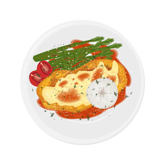 Vector Illustration Logo Clipart Chicken Parmesan or chicken parmigiana with sauce and Fresh Asparagus 
