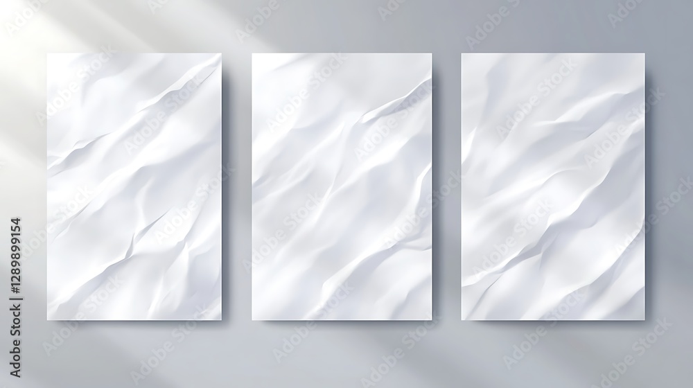 Poster abstract white textured panels with waves, set against a soft gray background.