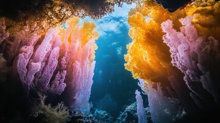 Vibrant coral formations underwater, diverse colors.