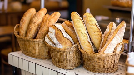 Fresh Artisan Breads Displayed in Baskets at Bakery with Warm Natural Lighting
