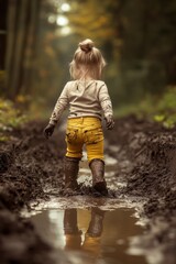 Happy child playing in mud in outdoors in Spring