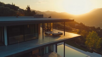 Fototapeta premium Modern House Overlooking Scenic Mountains at Sunset with Golden Light