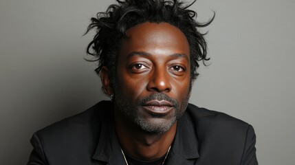 A thoughtful man gazes intently at the camera, showcasing his unique hairstyle and strong facial features. The simple background highlights his presence and style
