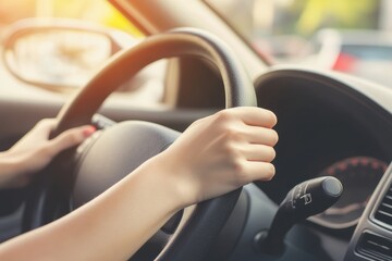 A woman is driving a car and is holding the steering wheel