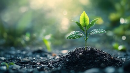 Small green plant emerging from soil in a natural outdoor environment