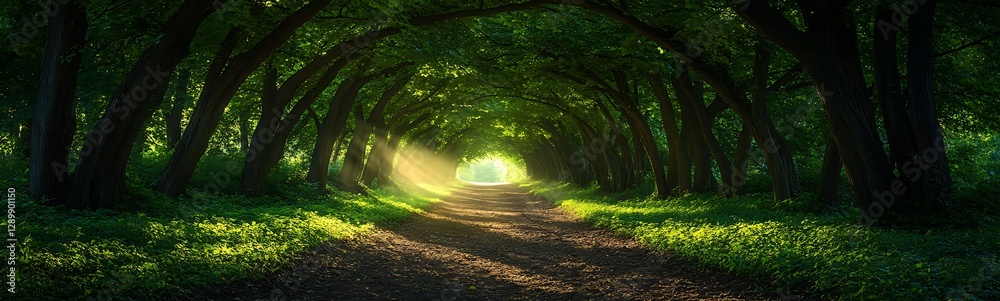 Poster sunlight filters through a lush green forest, creating a serene pathway.