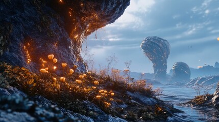 Glowing flowers, alien structures, and a tranquil waterway.