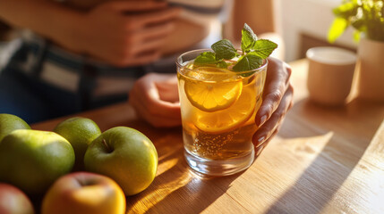 Fototapeta premium A refreshing glass of water alongside a vibrant glass of apple juice, evoking a summery vibe perfect for enjoying at a bar or during a snack