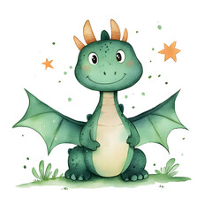 Watercolor illustration of a dragon on a white bakground