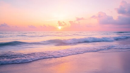 Fototapeta premium Caribbean sunset with orange and pink hues, calm waves, and a clean horizon, evoking serenity and natural beauty. 