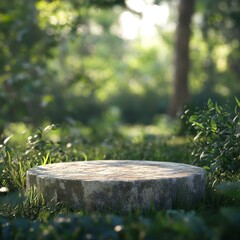 Naklejka premium A stone podium with a smooth surface is placed in a forest clearing, surrounded by greenery and bathed in soft, warm sunlight. The blurred natural backdrop and soft shadows create an inviting