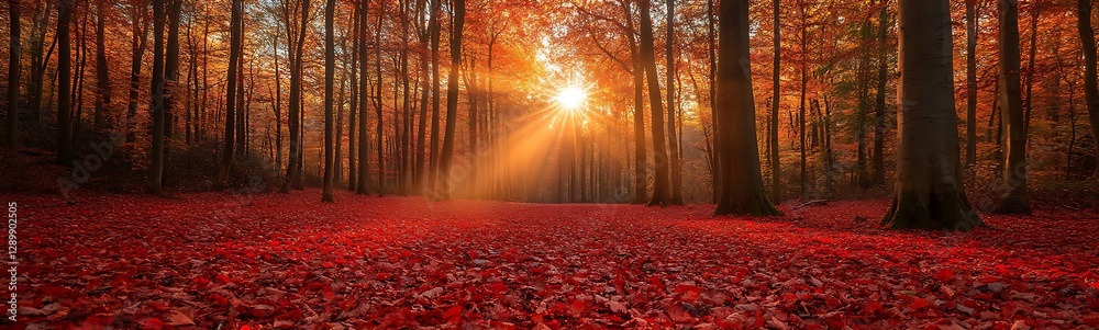 Poster Serene forest scene with vibrant autumn foliage and rays of sunlight filtering through the trees.