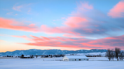 Obraz premium Pink And Blue Winter Sunset Over Snowy Landscape