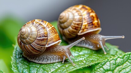 Two snails crawling on a green leaf, close-up