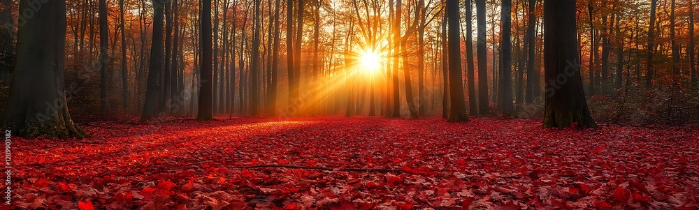 Poster a serene forest scene with vibrant autumn leaves and sunlight filtering through the trees.