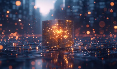 Fototapeta premium A glowing cube surrounded by shimmering particles on a reflective urban street at dusk