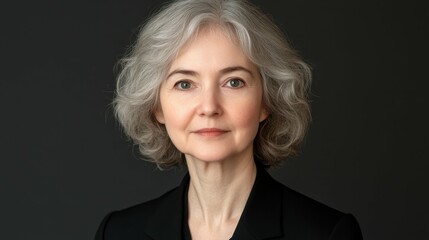A middle-aged woman with soft gray hair stands confidently, wearing a tailored black blazer