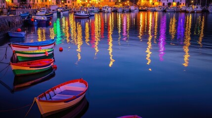Obraz premium Colorful boats, harbor lights, water reflections, night scene.