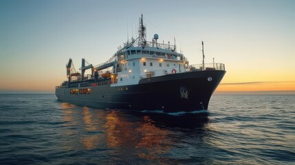 Majestic cargo ship navigating calm waters during sunset hours