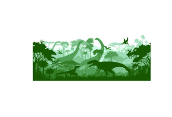Vector prehistoric seamless jungle background with dinosaurs: Dromaeosaurus, Carcharodontosaurus, Bactrosaurus, brontosaurus, Patagotitan, Argentinosaurus and pterodactyls © Save Jungle