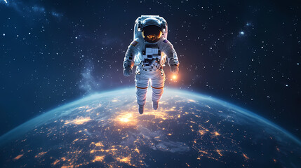 Obraz premium Astronaut floating in space with planet