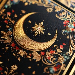 A beautifully detailed close-up of a crescent moon and floral patterns intricately designed in gold on a black background, perfect for decorative or artistic purposes