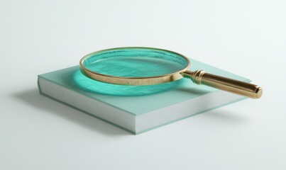 A golden magnifying glass resting on a teal book, symbolizing exploration and knowledge