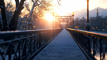 Fototapeta premium Snowy Bridge at Sunset Over a Winter Town