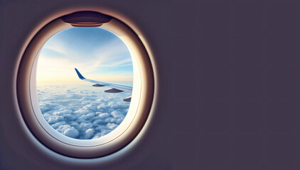 A captivating airplane window or porthole view showcasing the serene sky, fluffy clouds, and endless horizons. Perfect for travel blogs, airline promotions, or wanderlust-themed designs. Ample copy sp