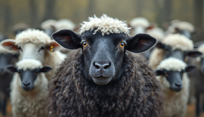 Fototapeta premium A striking image of a realistic black sheep standing out among a flock of white sheep, perfect for marketing, branding, and creative projects. Ideal for themes of individuality, diversity, and contras