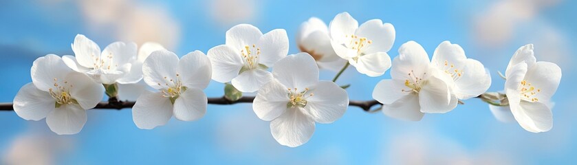 Fototapeta premium Spring blossoms on branch, blue sky background, nature beauty, floral design