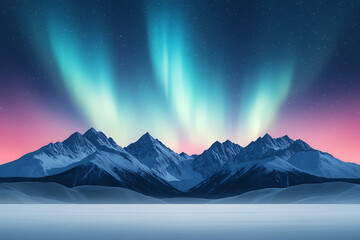 Celestial shadow play. Aurora borealis over shadowy mountains under vast starry sky