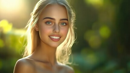 Naklejka premium A young woman with long hair smiles warmly in a lush outdoor setting. The soft sunlight filters through the greenery, creating a peaceful atmosphere