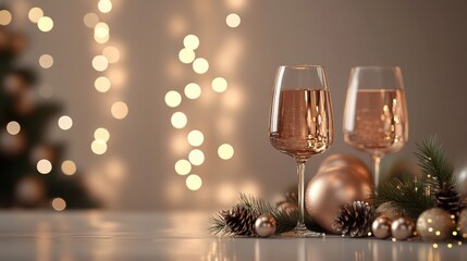 Two glasses of champagne with christmas decorations and lights in the background for festive celebration