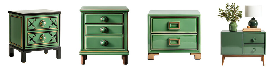 Elegant collection of green wooden storage furniture pieces including drawers cabinets and...